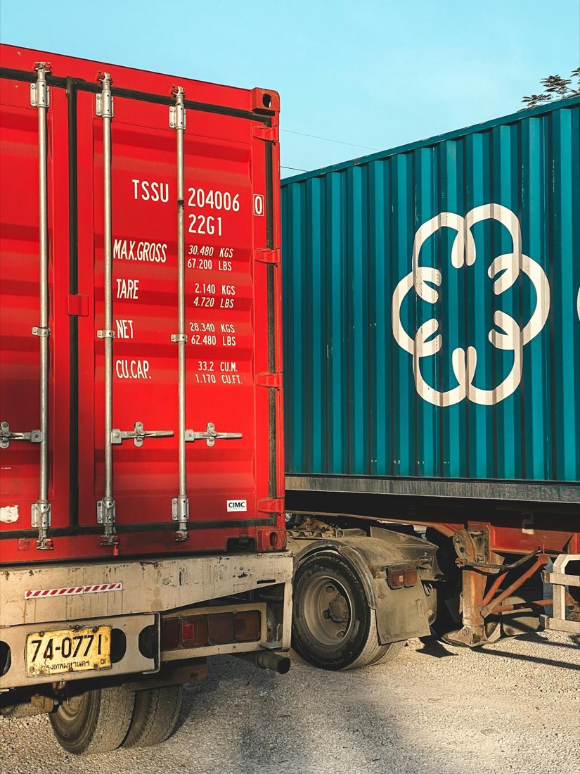 Shipping container on a truck chassis